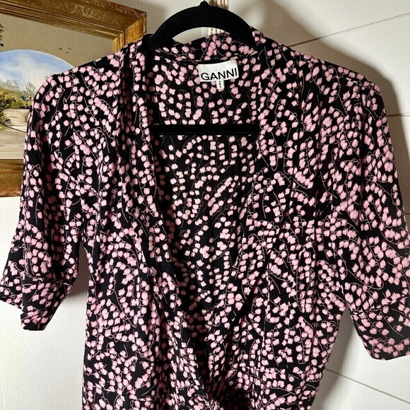 Ganni Floral Print Wrap Midi Dress Pink Black Dainty Feminine Size 36/Small - Picture 3 of 8